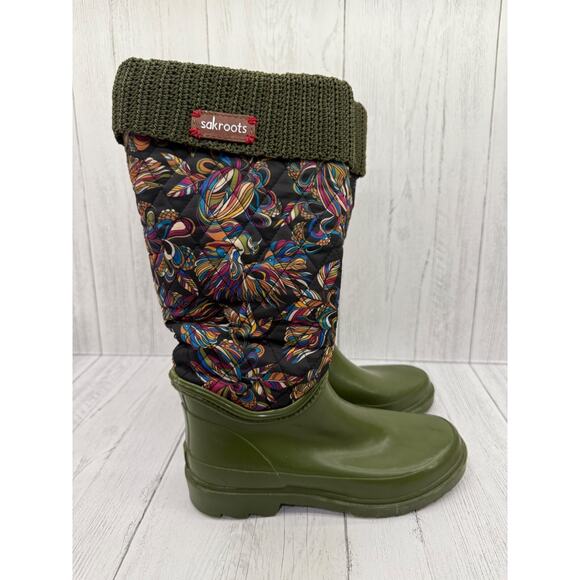 Sakroots Boots Rain Sweater Cuff Quilted Bird Olive Green Women's Sz 6 Sak Roots - Picture 5 of 7